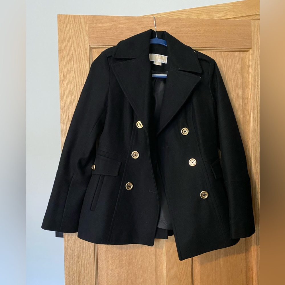 Michael Kors black wool pea coat with gold buttons